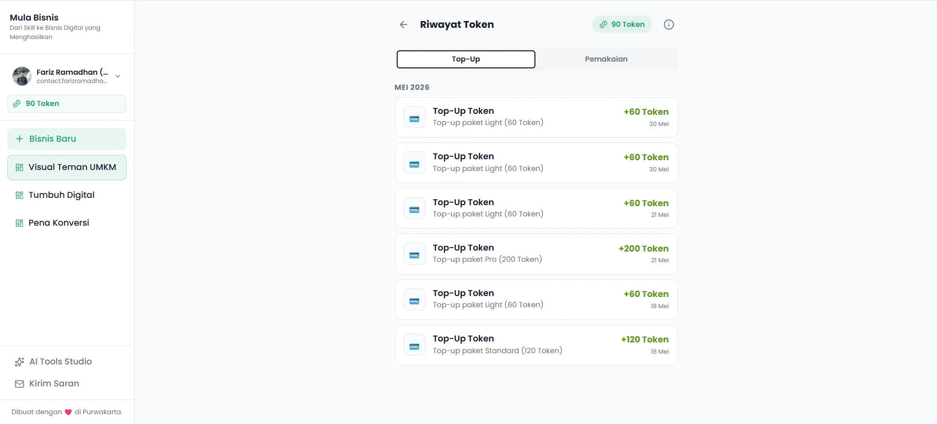 Screenshot riwayat transaksi topup